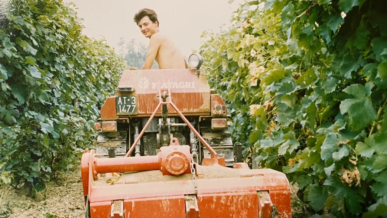 Michele Capra da giovane sul cingolo in mezzo ai filari di viti, con foto fatta da dietro e michele girato 